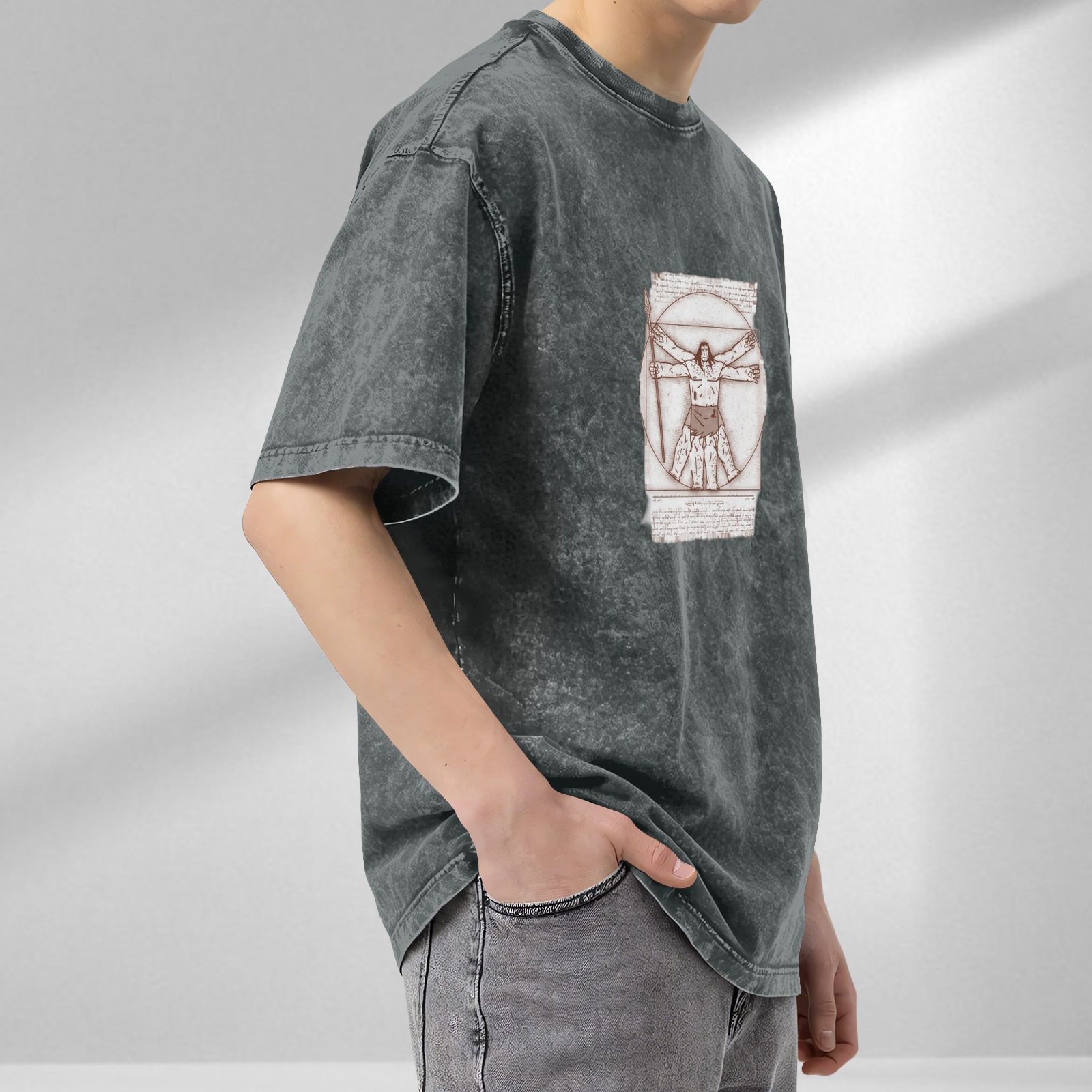 Oversized Acid Wash T-Shirt With Vitruvian Barbarian Print