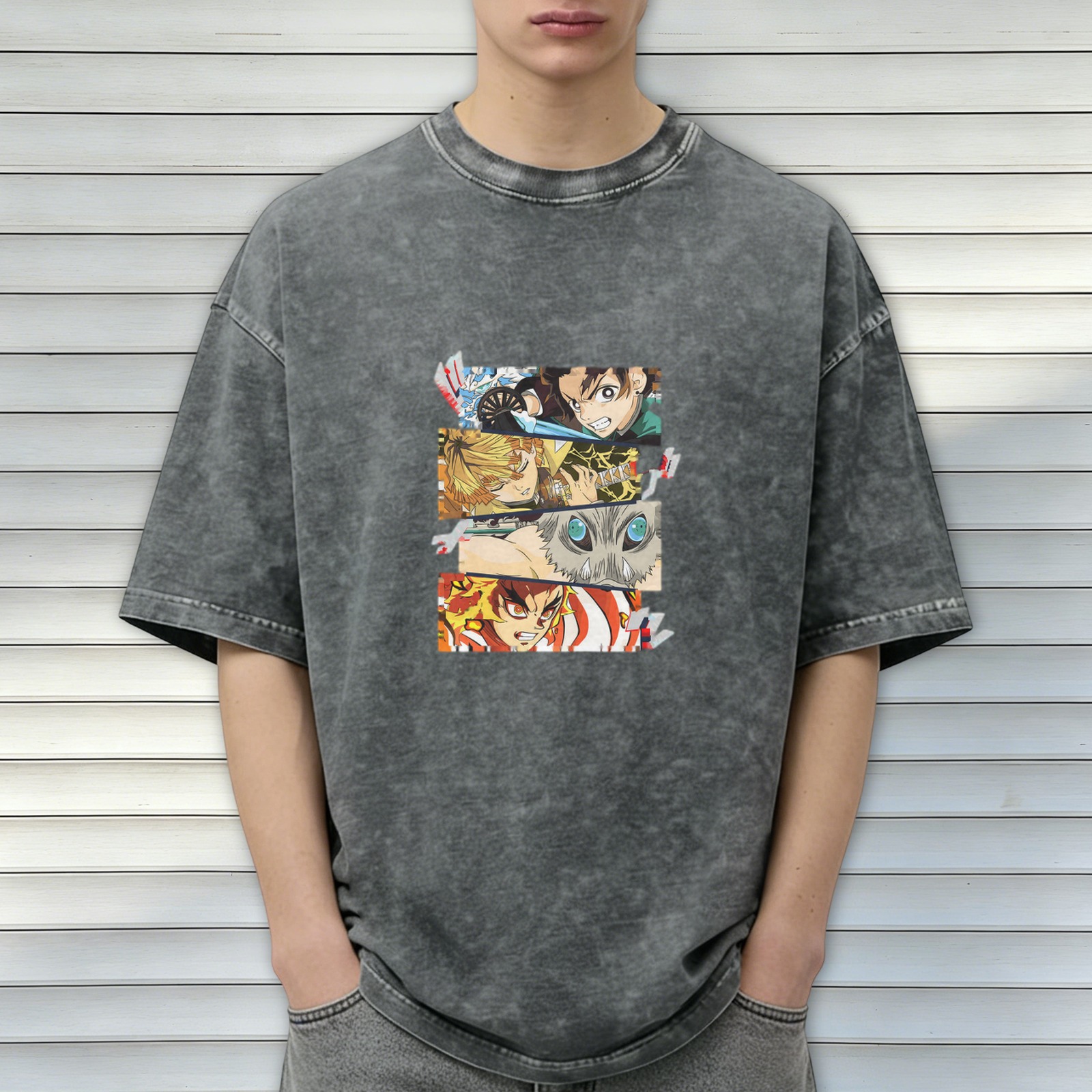 Demon Slayer themed distressed short-sleeved T-shirt