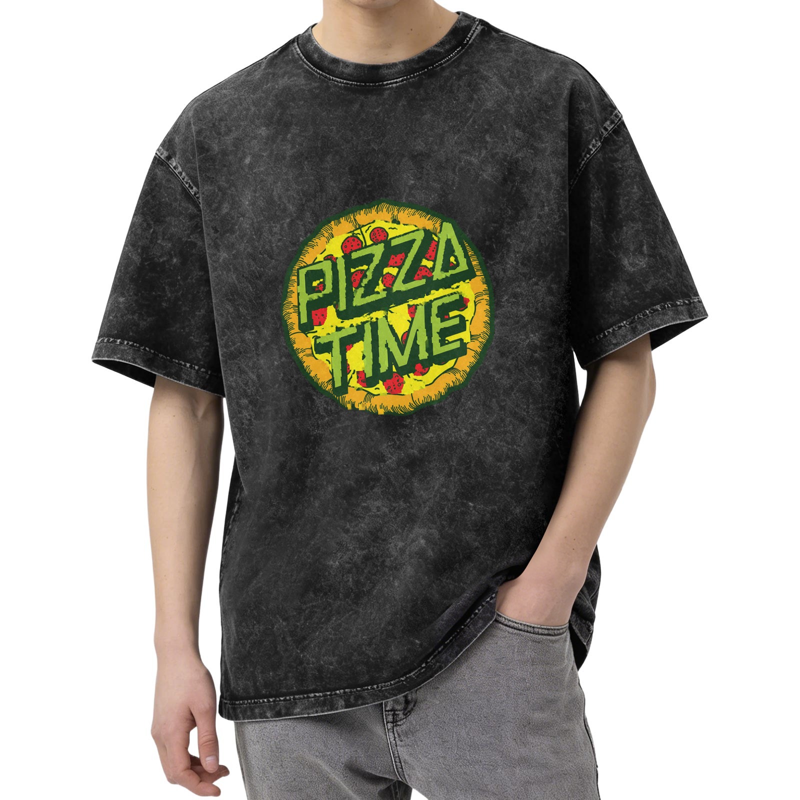 oversized acid wash t-shirt with pizza time graphic print