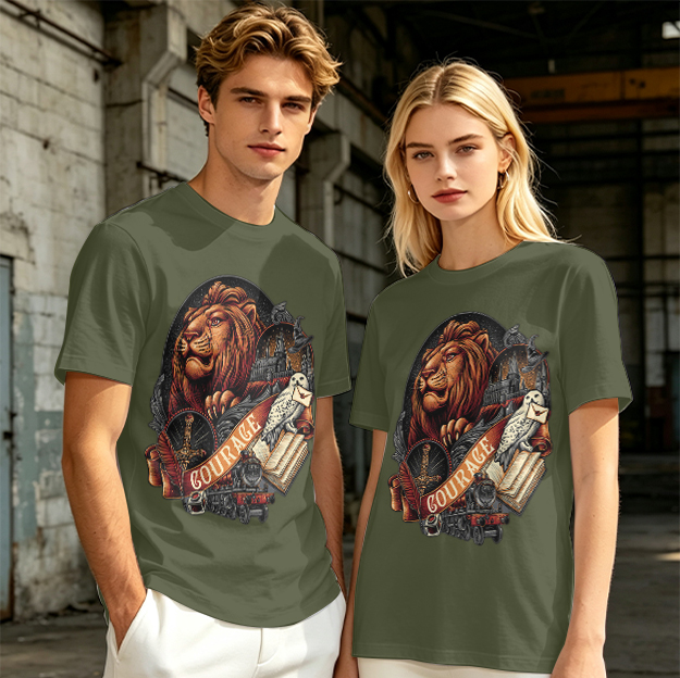 Olive T-Shirt With Lion Courage Themed Fantasy Art Print