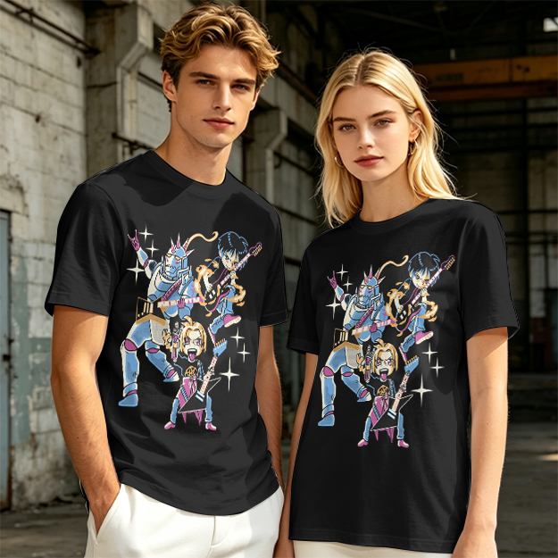 Olive T-shirt with Anime Rock Band Characters Graphic