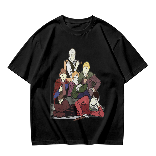 Olive T-shirt with Group of Fantasy Characters Graphic Print