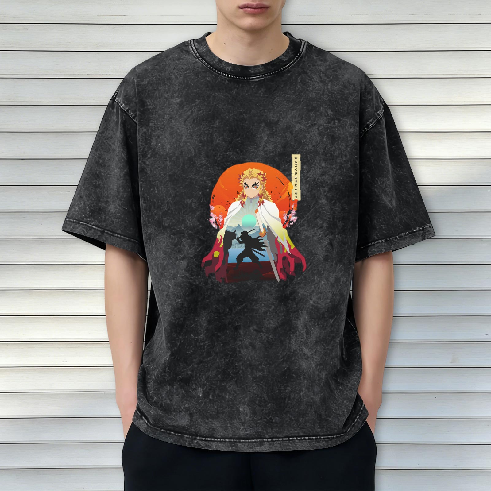 Demon Slayer Rengoku Anime Graphic Oversized Acid Wash T-Shirt