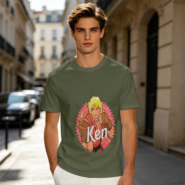 Olive T-shirt with Street Fighter Ken Graphic Print