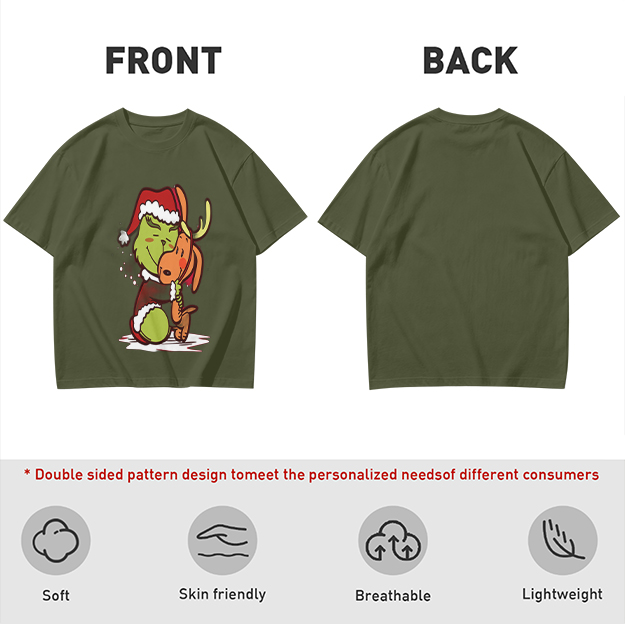 Olive Christmas T-Shirt Featuring Grinch Hugging Max The Reindeer