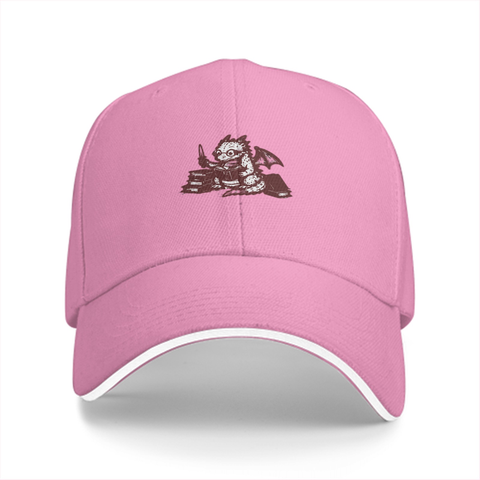 Black Baseball Cap With Cute Dragon Reading Books Graphic