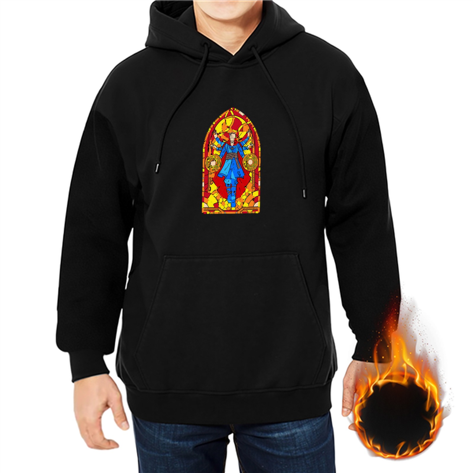 Black hoodie with stained glass style magical character print
