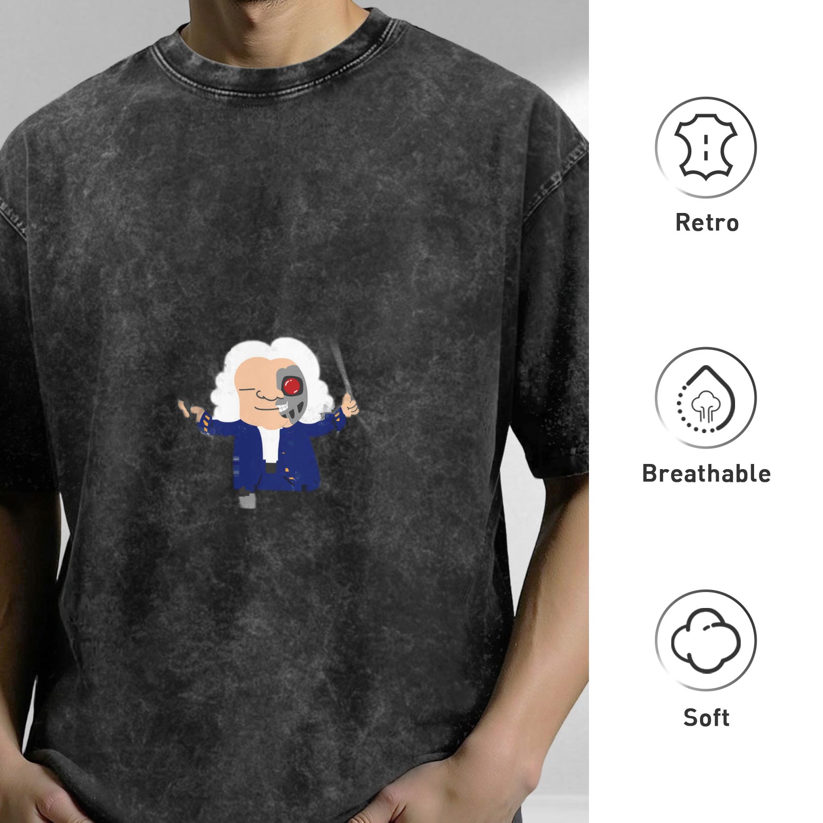 Washed black loose short-sleeved T-shirt printed with semi-mechanical classical character pattern