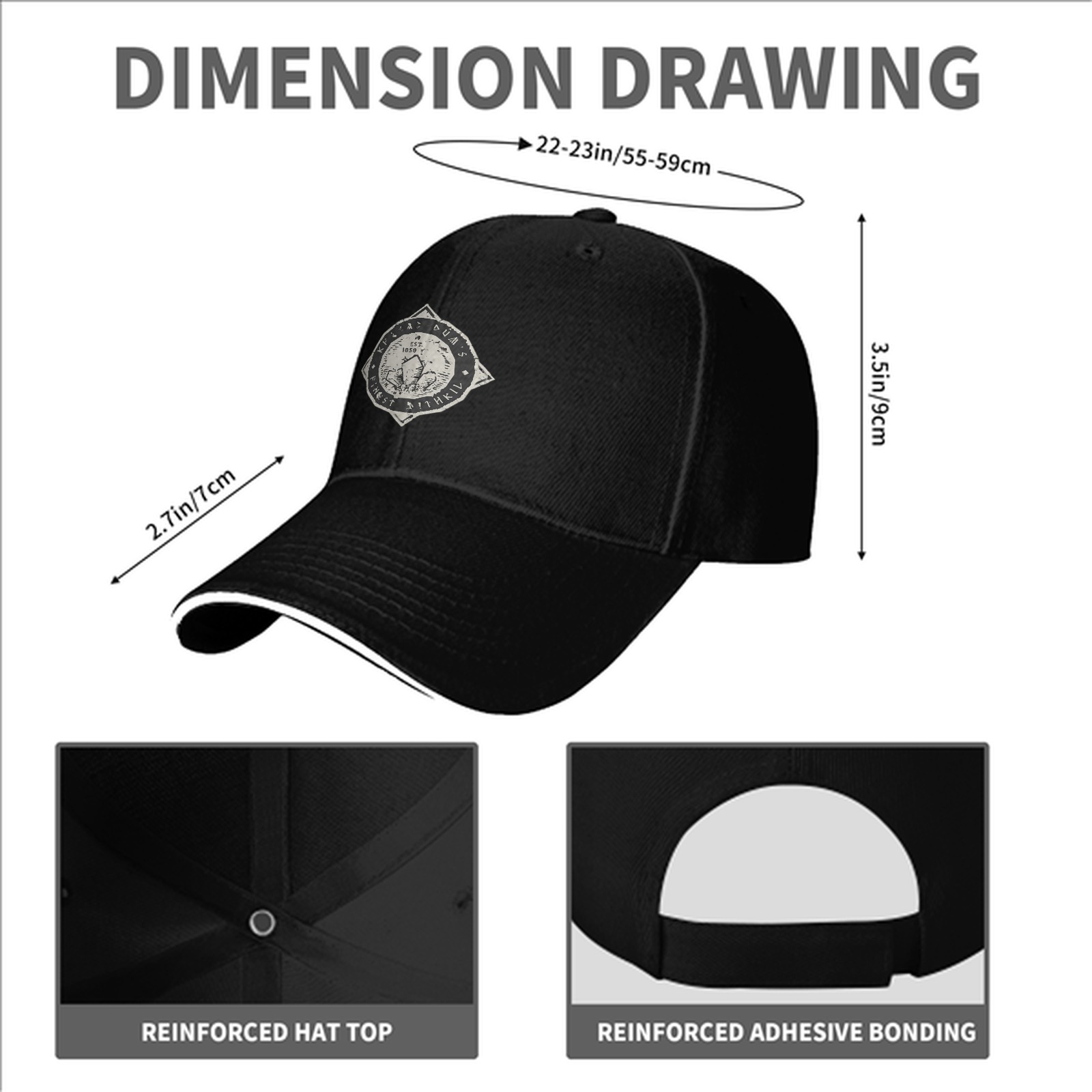 Black baseball cap with fantasy dwarven rune crest print