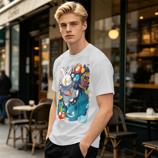Alice in Wonderland Themed Graphic T-Shirt with Whimsical Characters