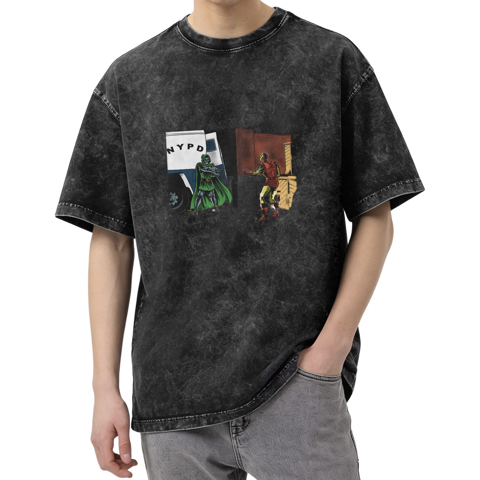 Oversized Acid Wash Graphic T-shirt with Comic Superhero Print