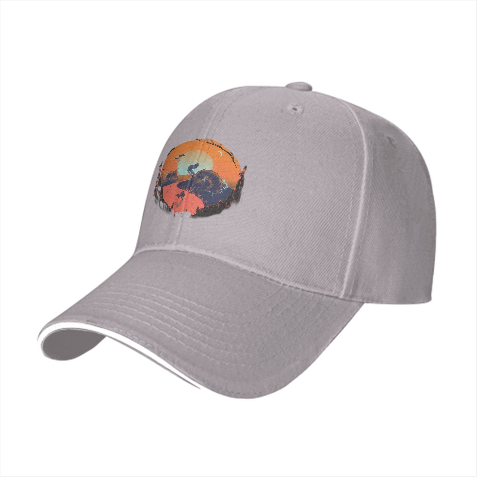 Black Baseball Cap with Sunset Landscape Graphic Print