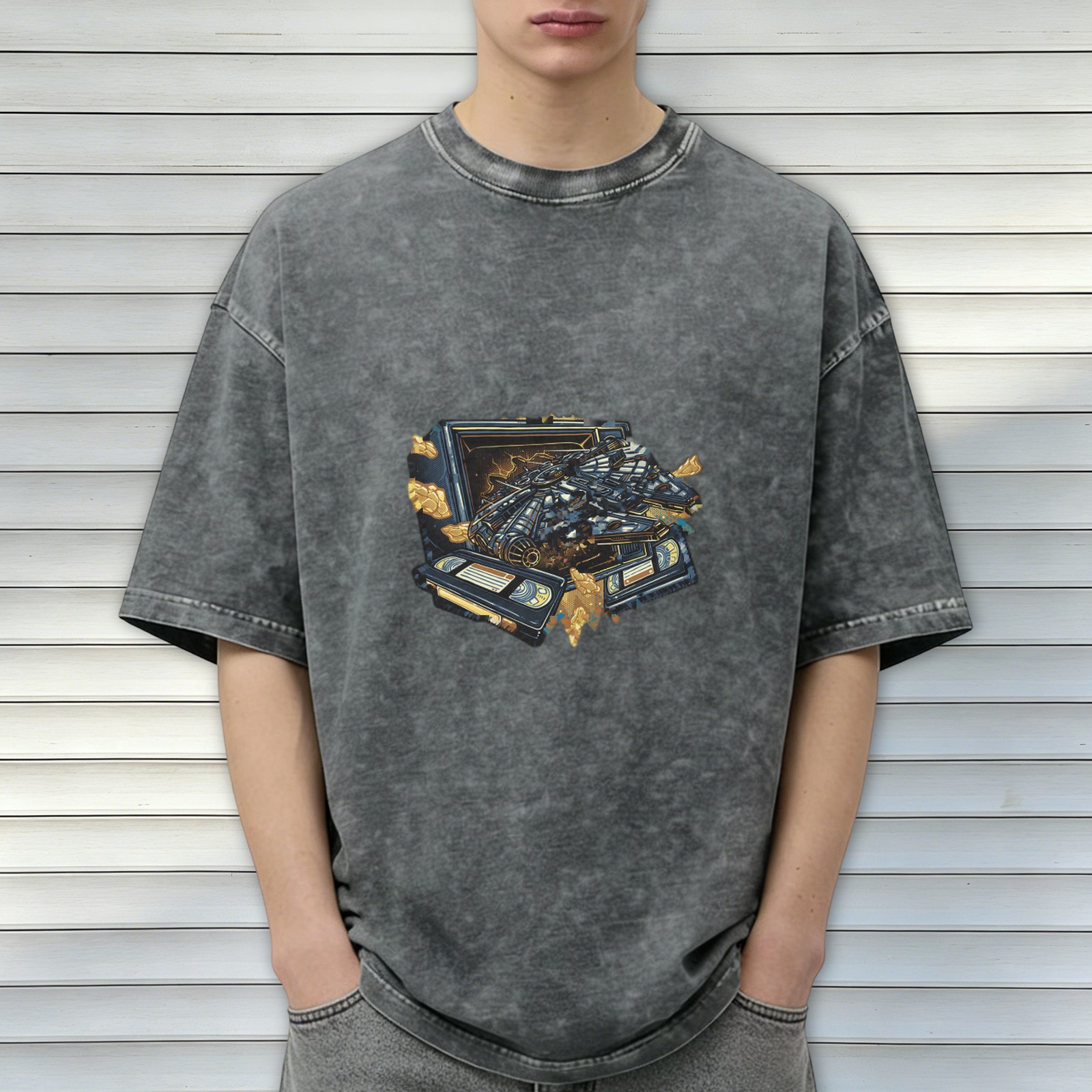 Oversized Acid Wash T-Shirt With Retro Cassette Tape Graphic Print