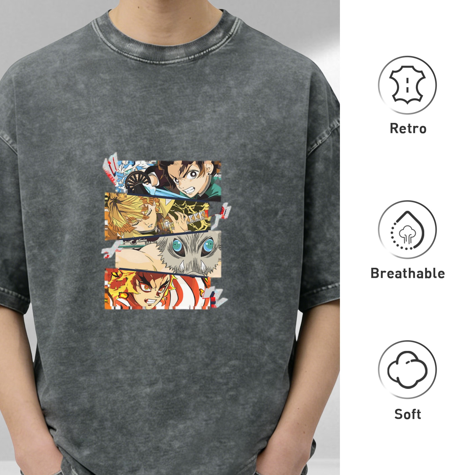 Demon Slayer themed distressed short-sleeved T-shirt