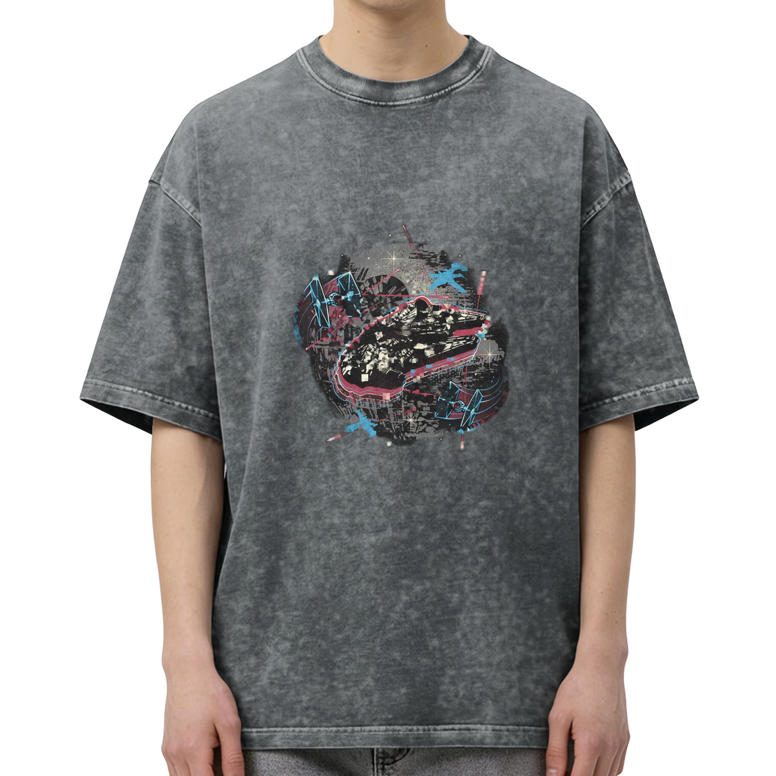 Washed Black Cotton T-Shirt With Star Wars Space Battle Graphic Print