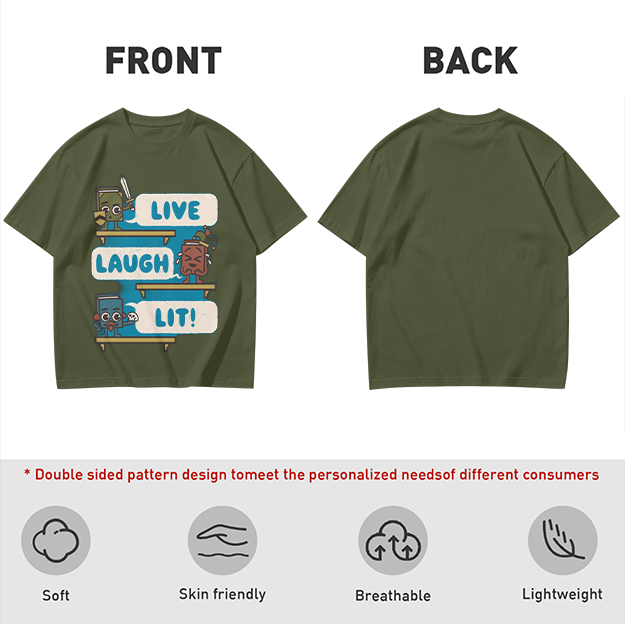 Olive T-Shirt With Cartoon Books 'Live Laugh Lit' Graphic