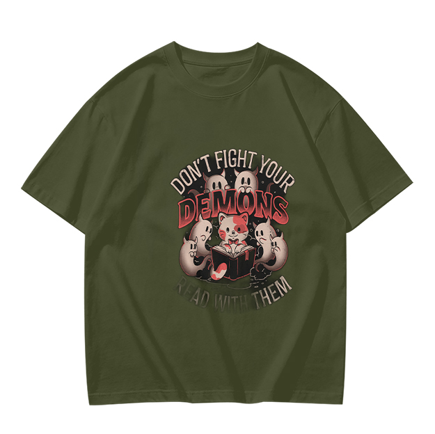 Don't Fight Your Demons Cat Graphic Olive T-Shirt
