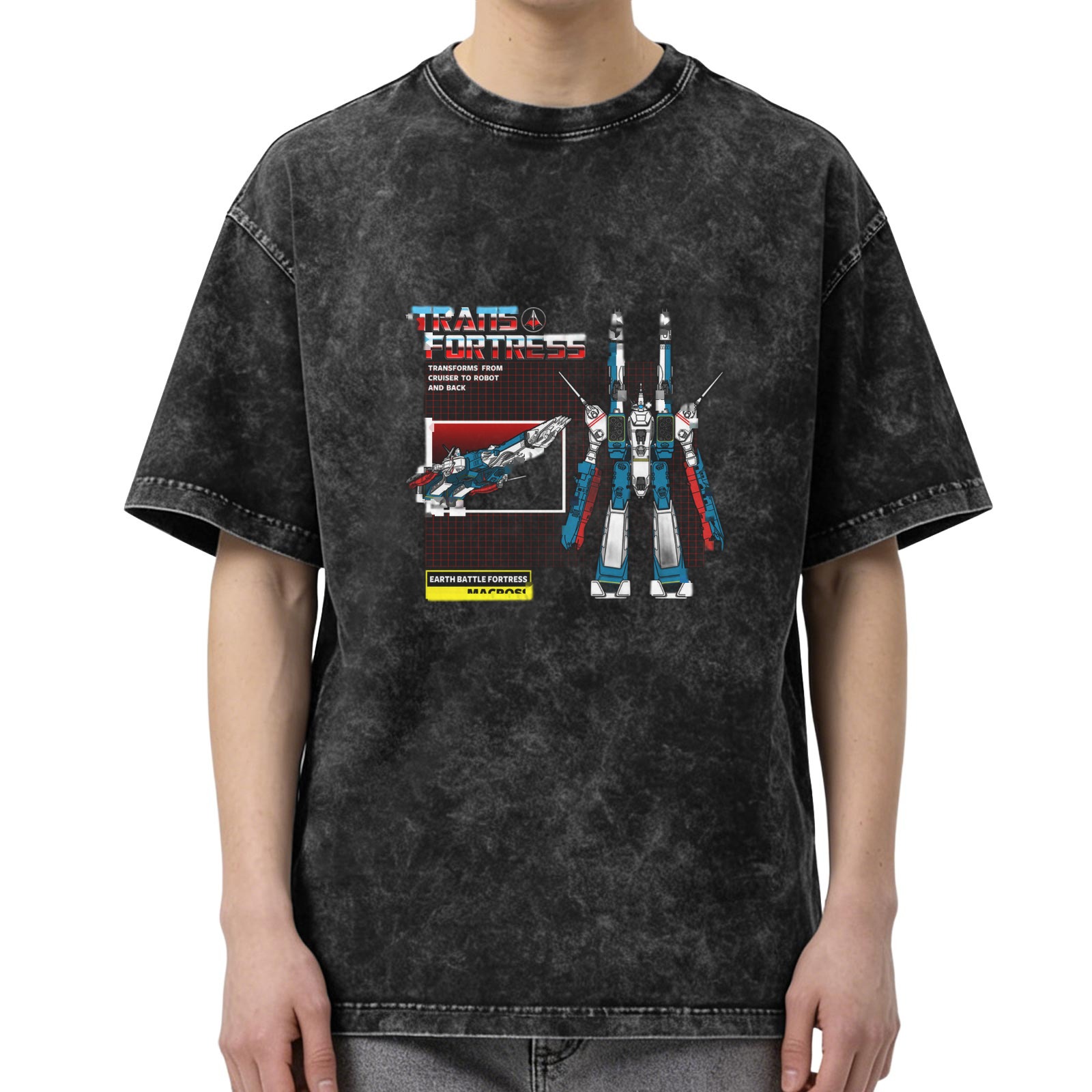Retro distressed washed black short-sleeved T-shirt Battlestar mecha-themed printed loose top