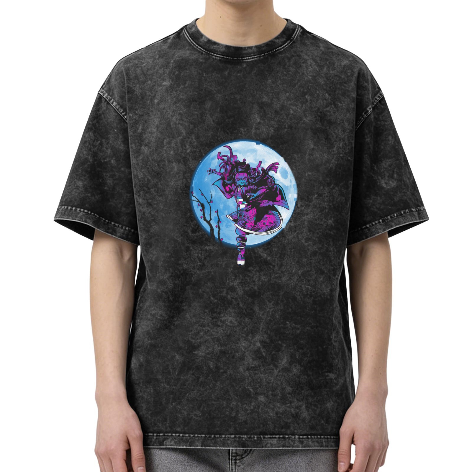 Washed Black Anime Graphic T-Shirt With Moon Character Design