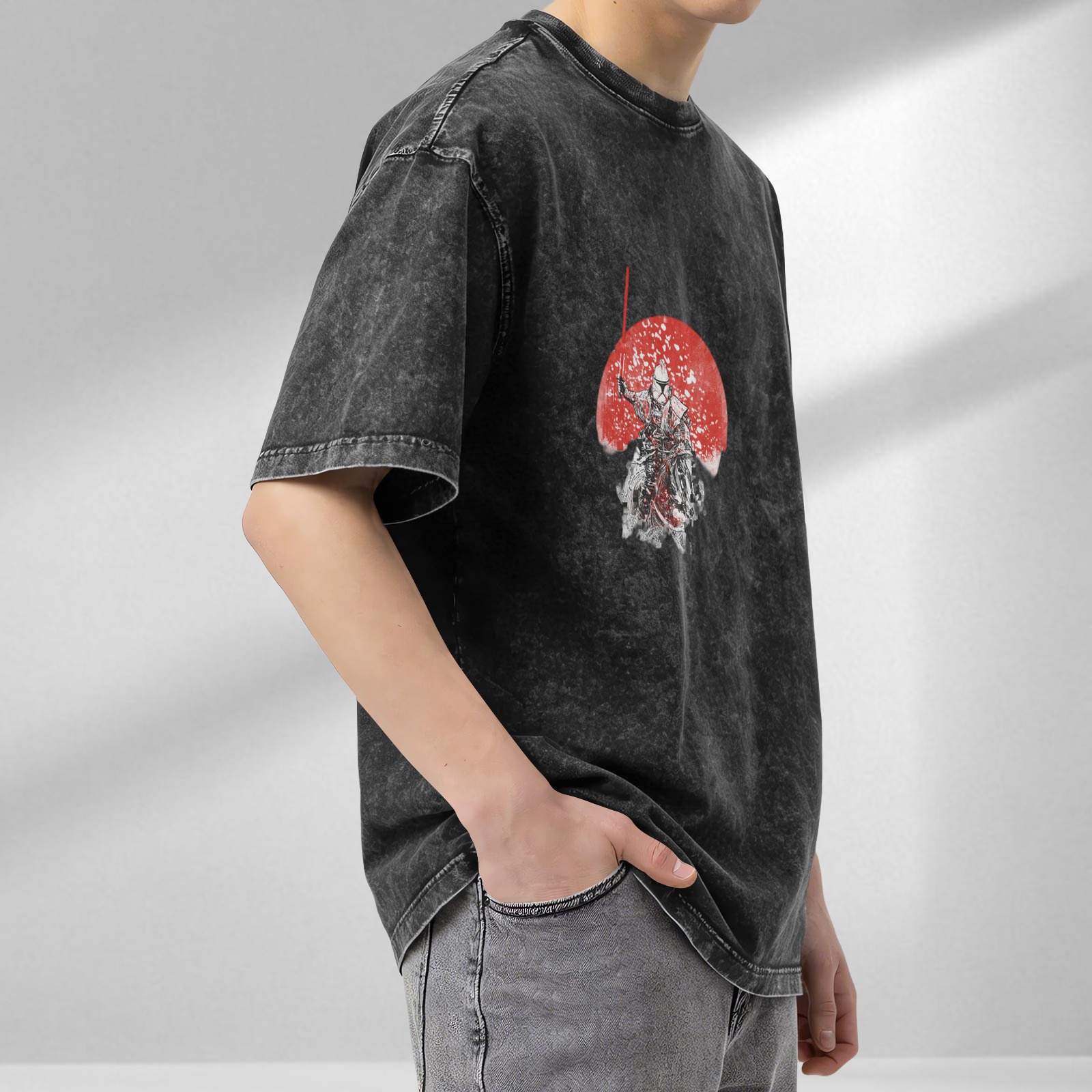 Washed black graphic t-shirt with samurai stormtrooper and red sun design
