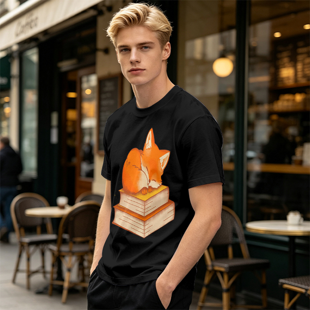 Olive T-Shirt With Sleeping Fox On Stacked Books Print