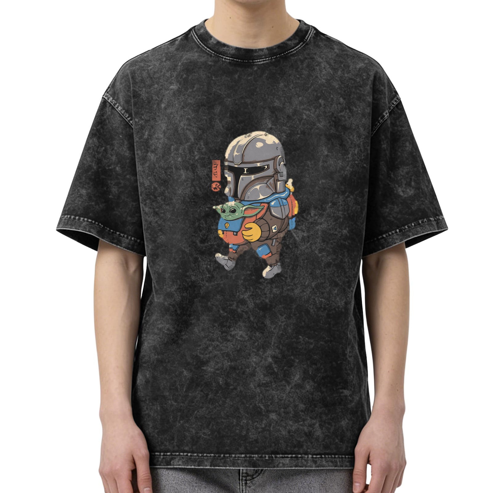 Washed black graphic t-shirt with chibi Mandalorian and Baby Yoda print