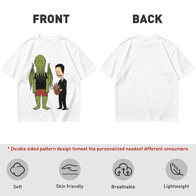 Olive T-Shirt Featuring Cthulhu and Beavis in Suits Graphic