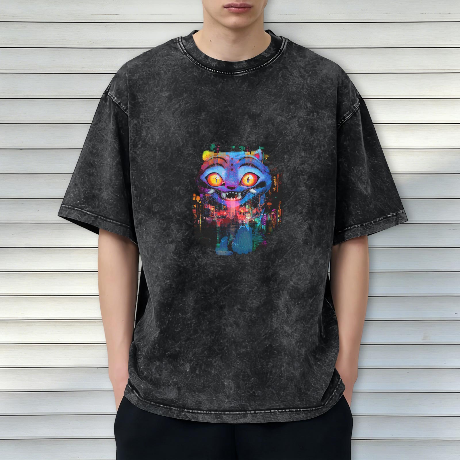 Oversized Acid Wash T-Shirt With Colorful Cheshire Cat Graphic