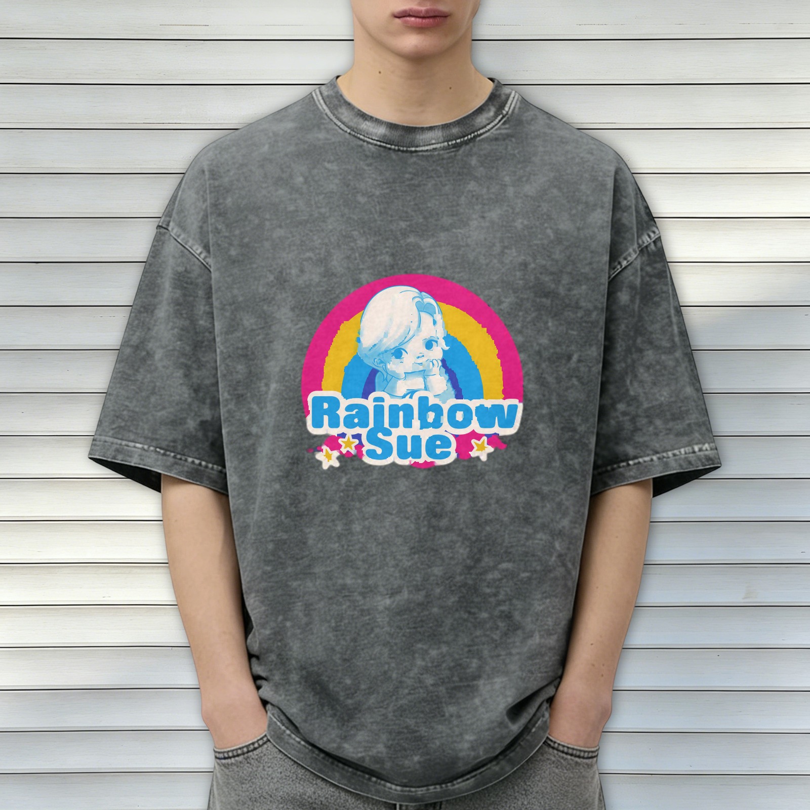 Oversized Dark Wash T-Shirt With Rainbow Sue Graphic Print