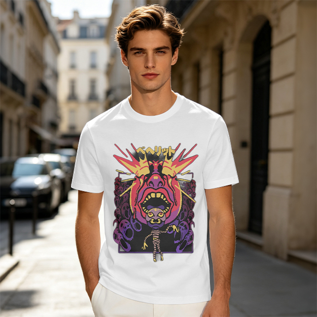 Olive t-shirt with surreal demon and ghost graphic print