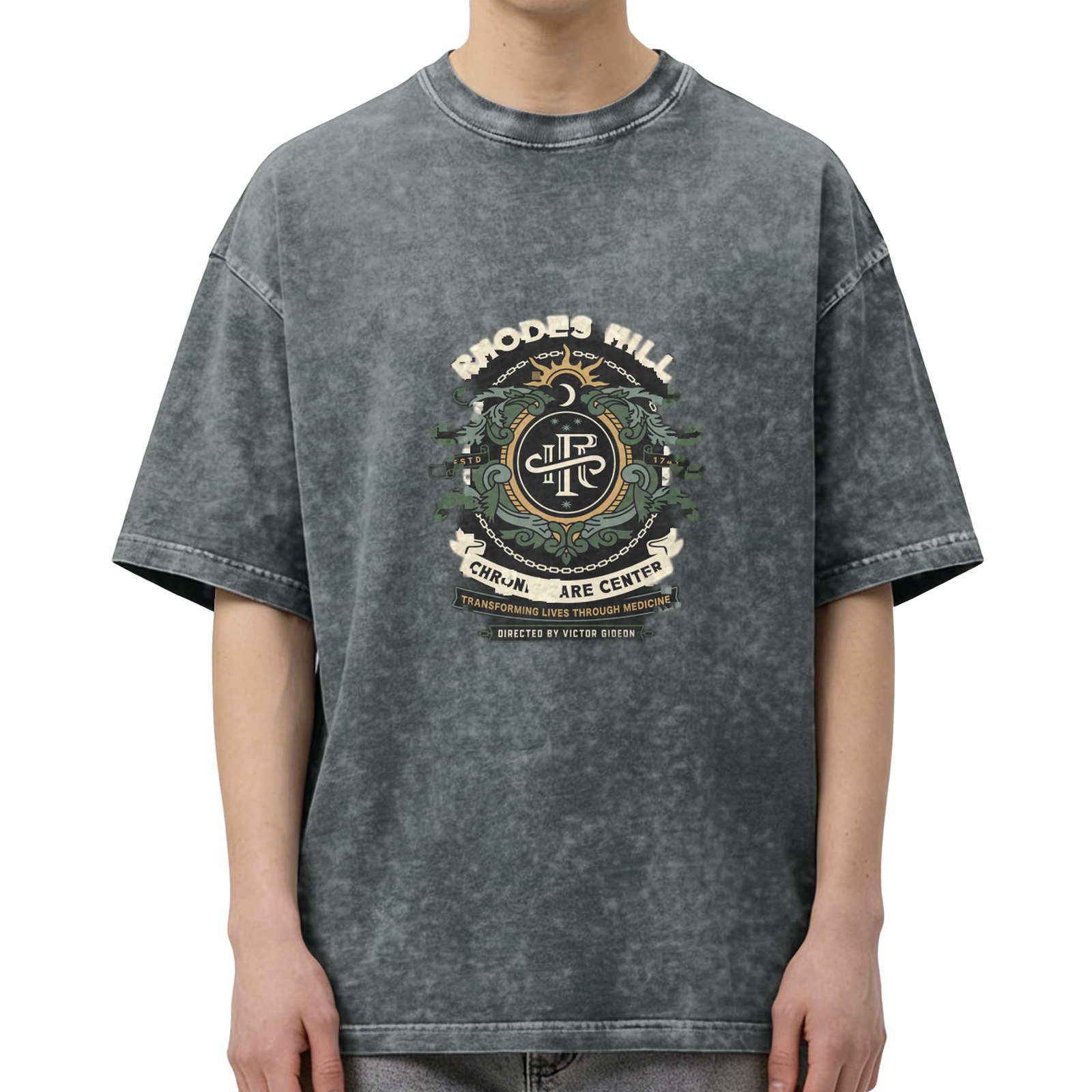 Vintage Acid Wash T-Shirt with Rhodes Hill Chronic Care Center Print