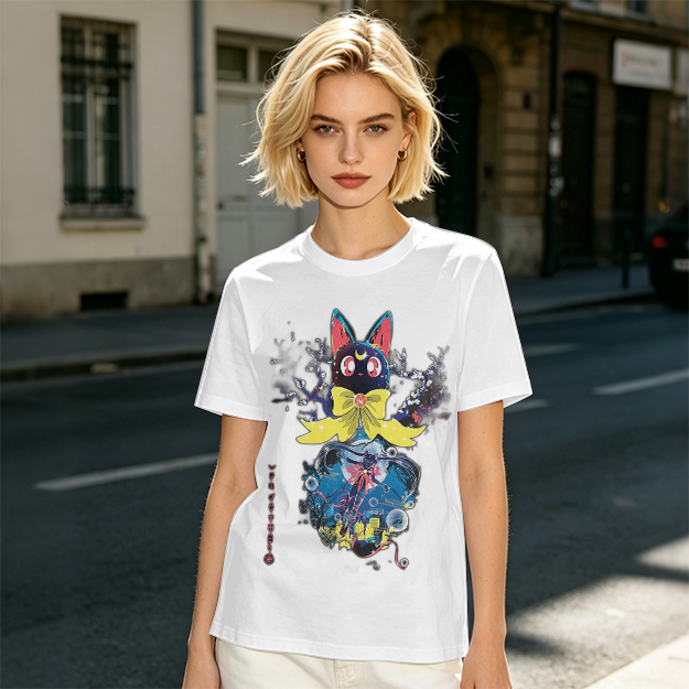Olive T-Shirt with Black Cat Anime Art Print