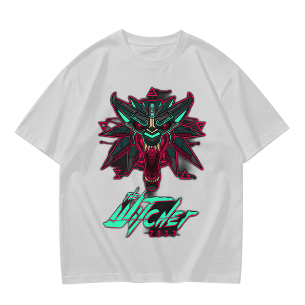 Olive green t-shirt with cyberpunk witcher wolf head graphic