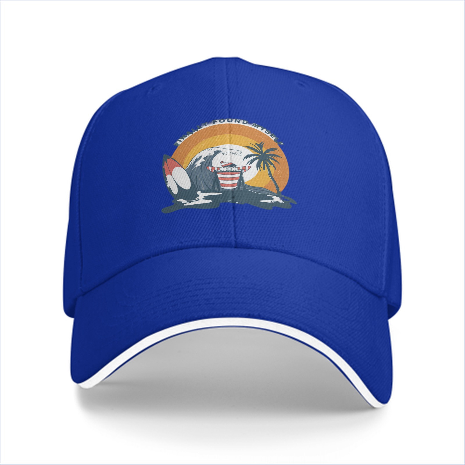 Black baseball cap with retro tropical surf wave graphic