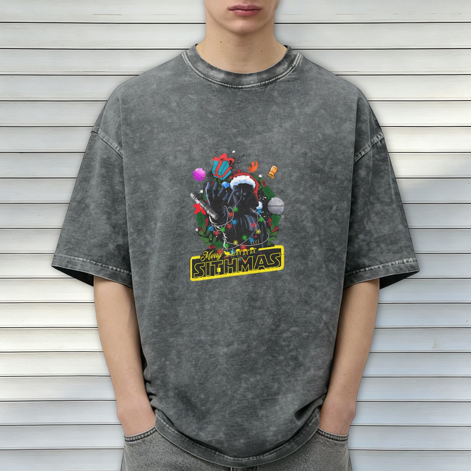 Merry Sithmas Darth Vader Christmas Graphic Acid Wash T-Shirt