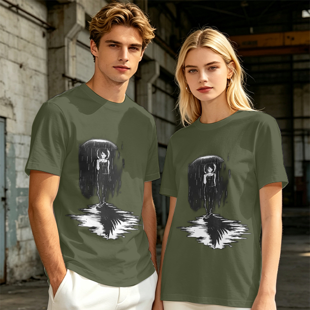 Olive T-Shirt With Rainy Figure And Shadow Graphic Print