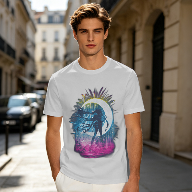 Olive T-Shirt with Crescent Moon Anime Character Silhouette Art