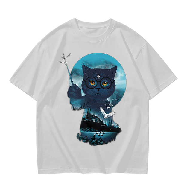 Olive T-shirt with Harry Potter themed wizard cat graphic