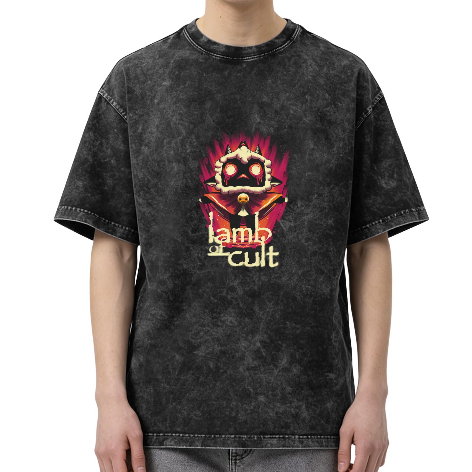Washed Black Graphic T-Shirt With Lamb Of Cult Artwork