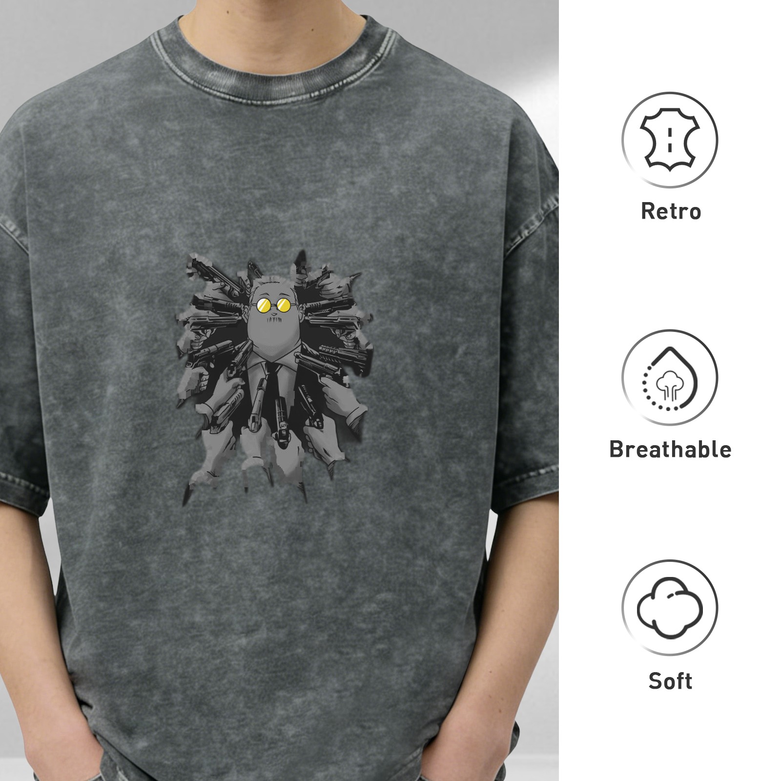 Distressed washed black loose short-sleeved T-shirt anime style gun-holding character print top