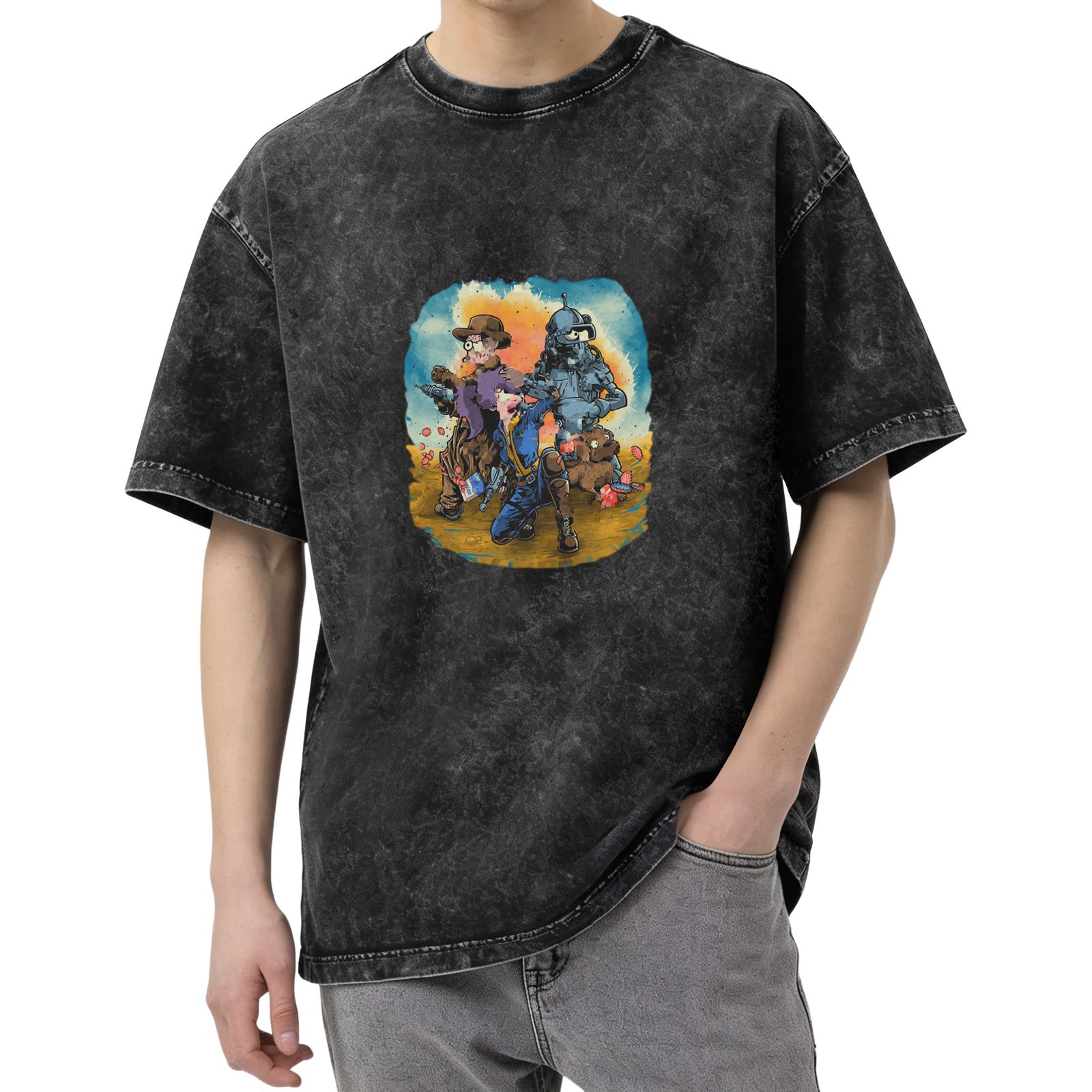 Vintage Washed Black T-Shirt with Fallout Themed Watercolor Graphic Print