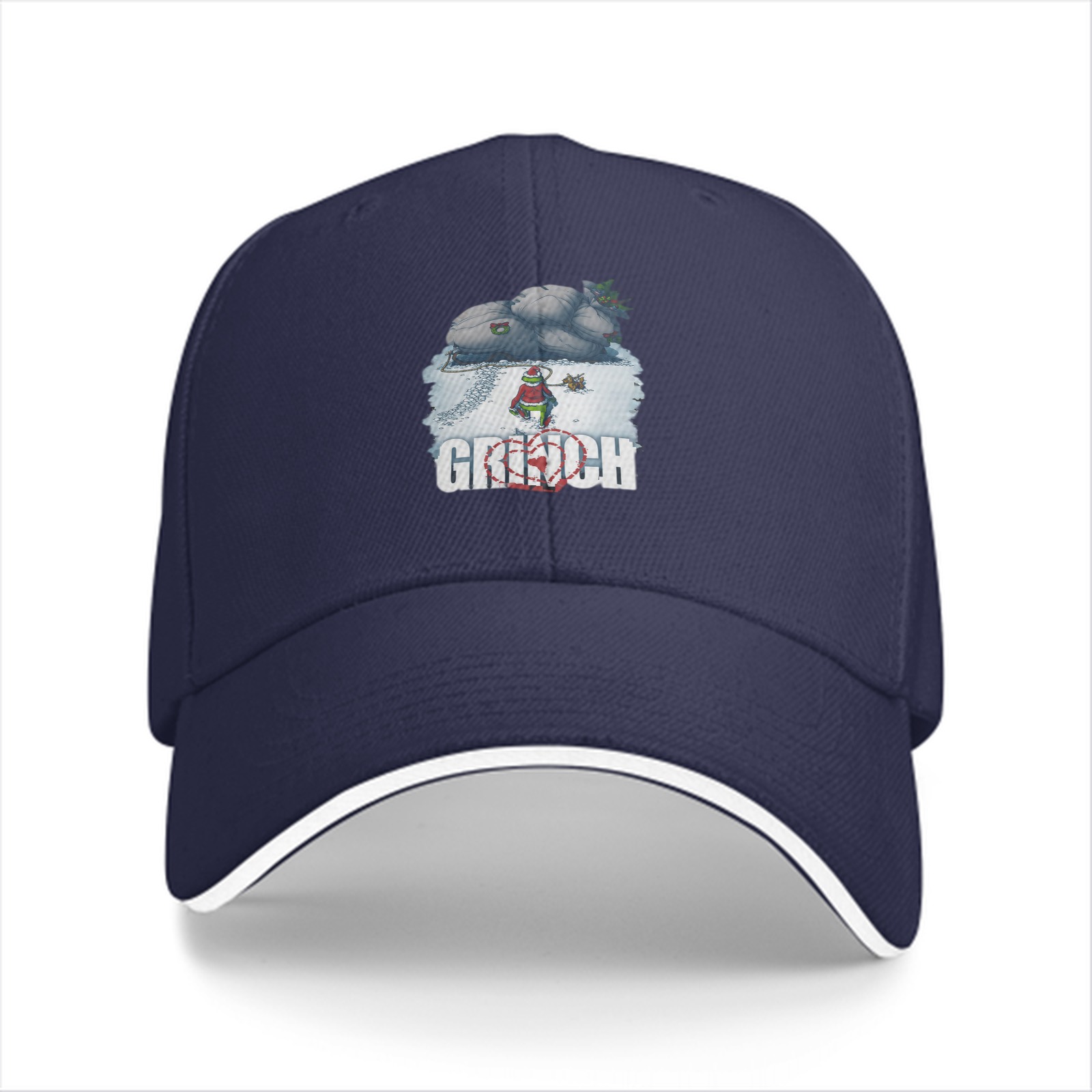 Black Baseball Cap With Grinch Winter Sleigh Graphic Design