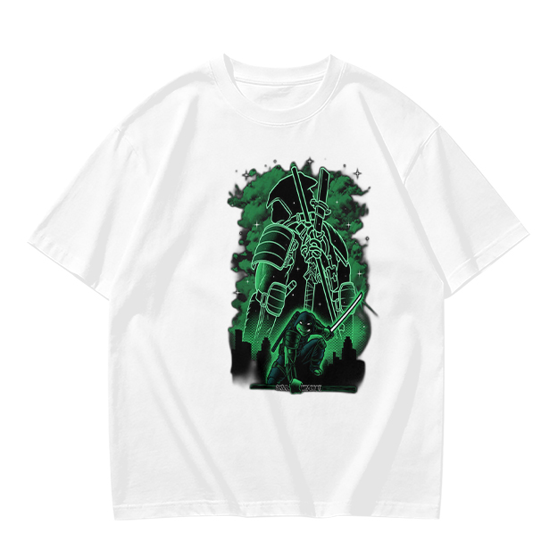 Olive Green T-Shirt With Neon Samurai Warrior Graphic