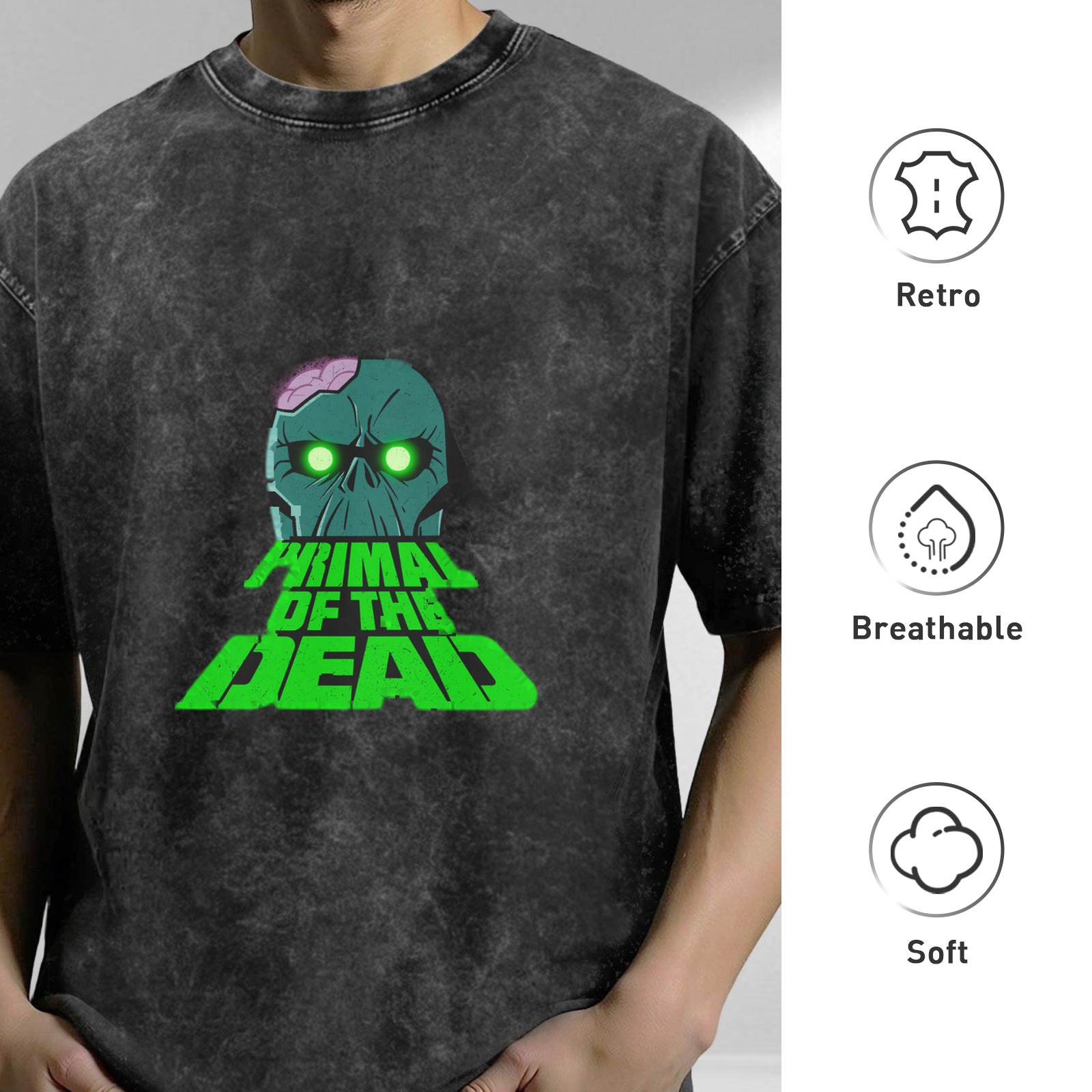 acid wash black t-shirt with primal of the dead zombie skull graphic