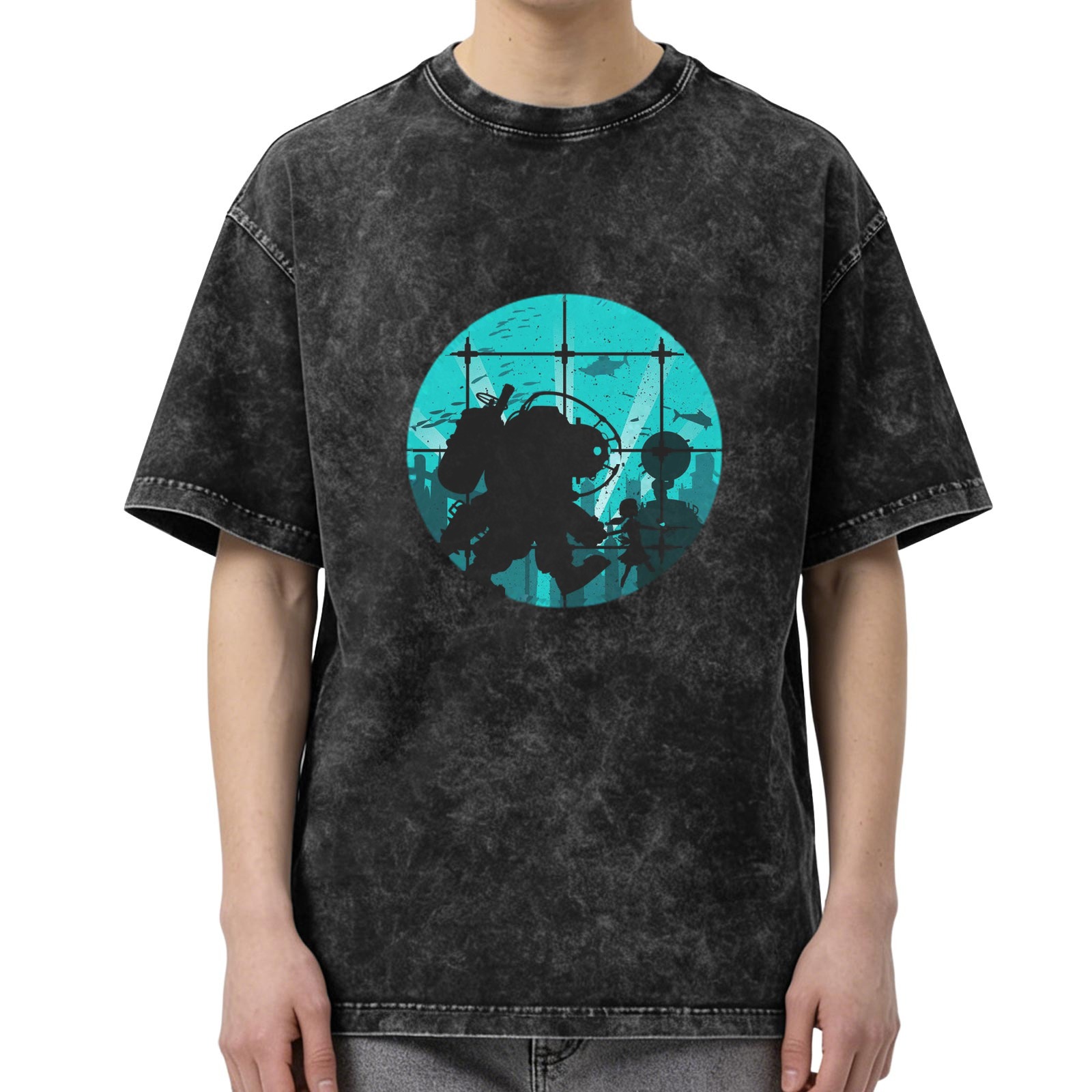 Washed black graphic t-shirt with underwater diver and girl silhouette design