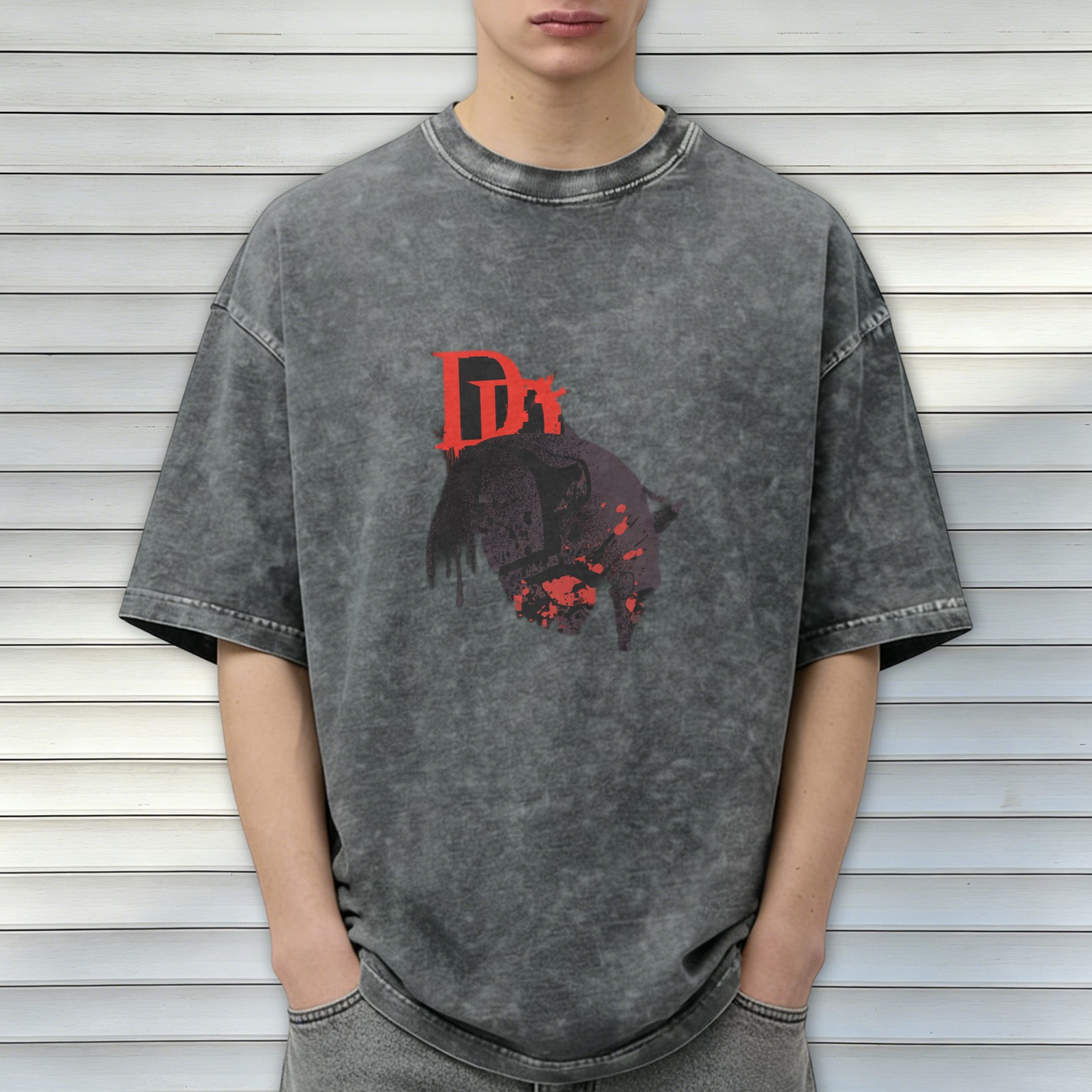 Oversized Dark Wash Graphic T-Shirt With Red D Logo And Skull Art