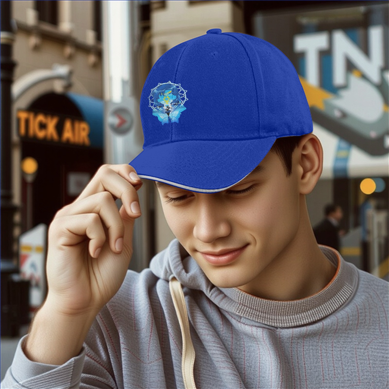 Black Baseball Cap With Blue Anime Character Art Print