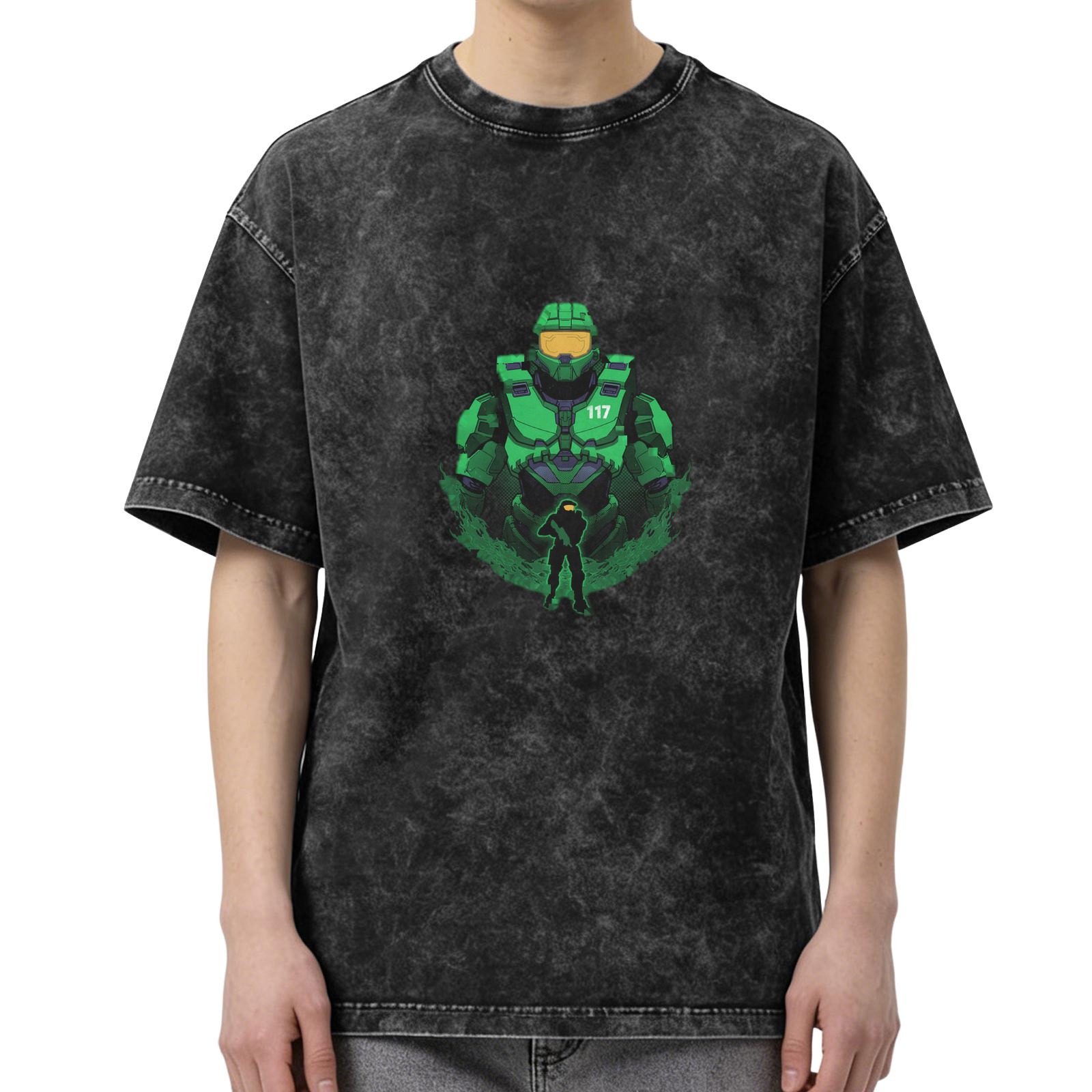 Oversized Dark Wash T-Shirt With Master Chief 117 Graphic