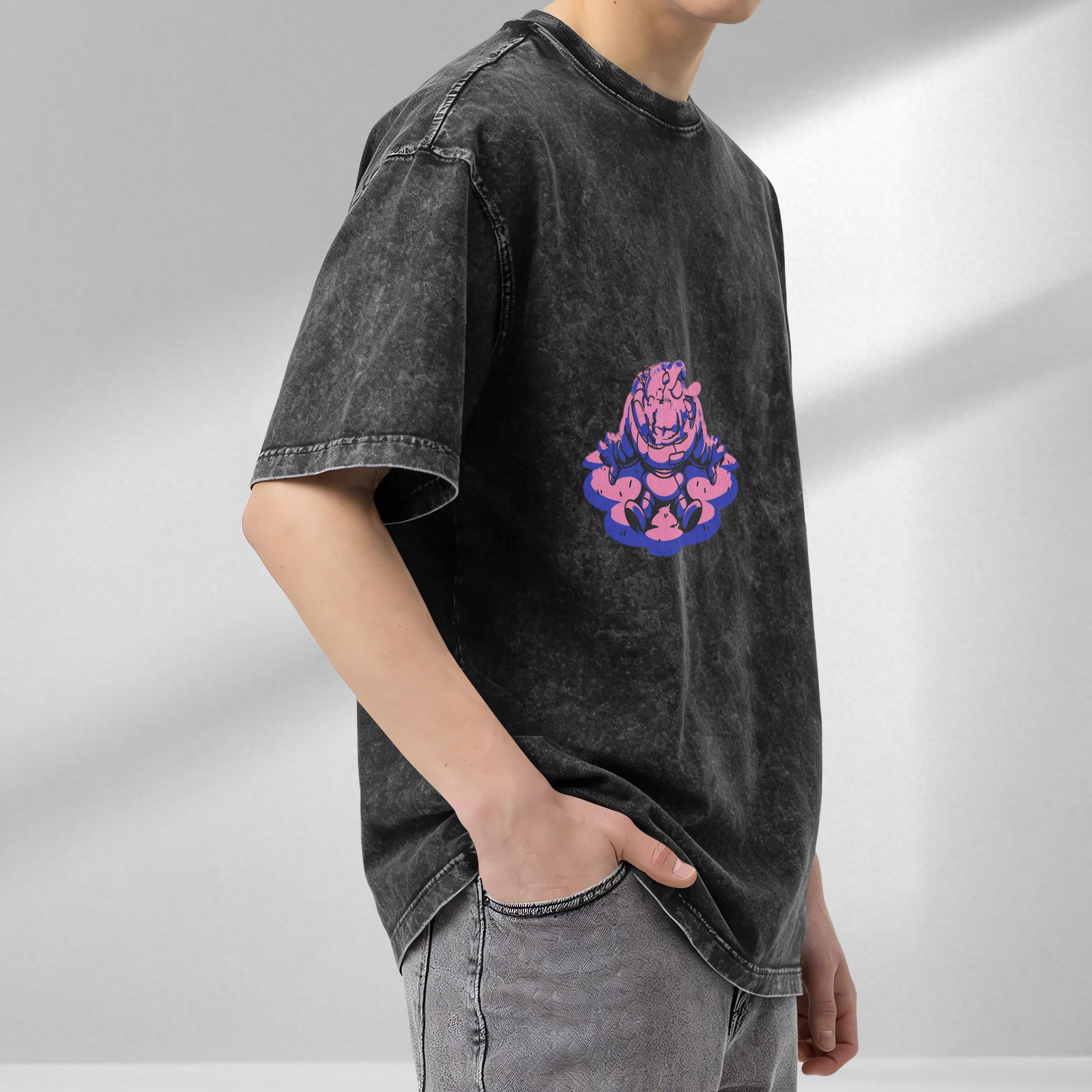 Oversized Acid Wash T-Shirt With Meditating Cartoon Character Print