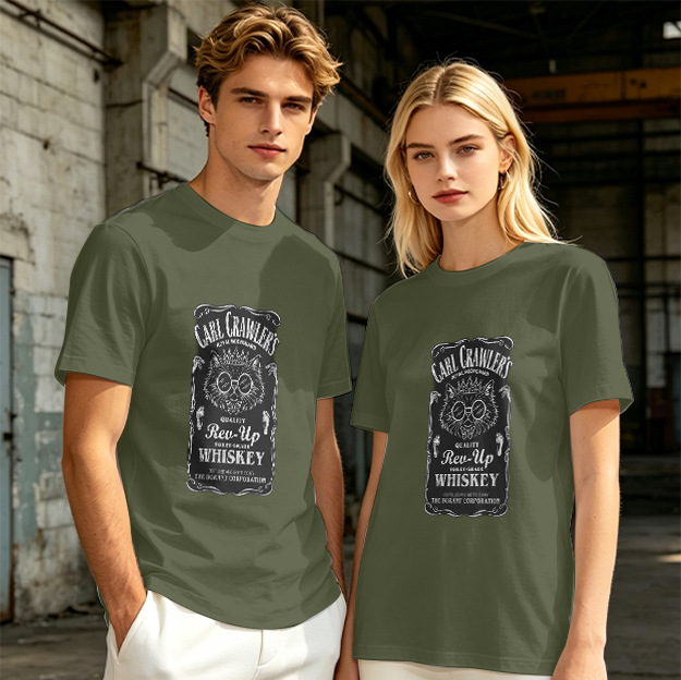 Olive T-Shirt with Carl Crawler's Whiskey Cat Graphic Print